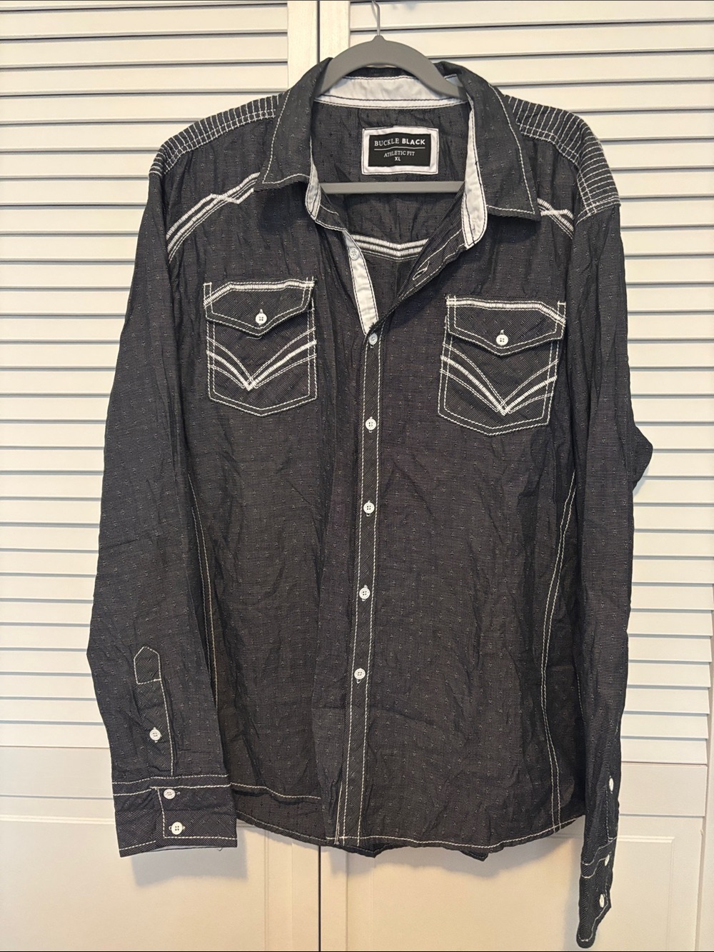 Buckle Black Long-Sleeve Button-Down Shirt with White Contrast Stitching